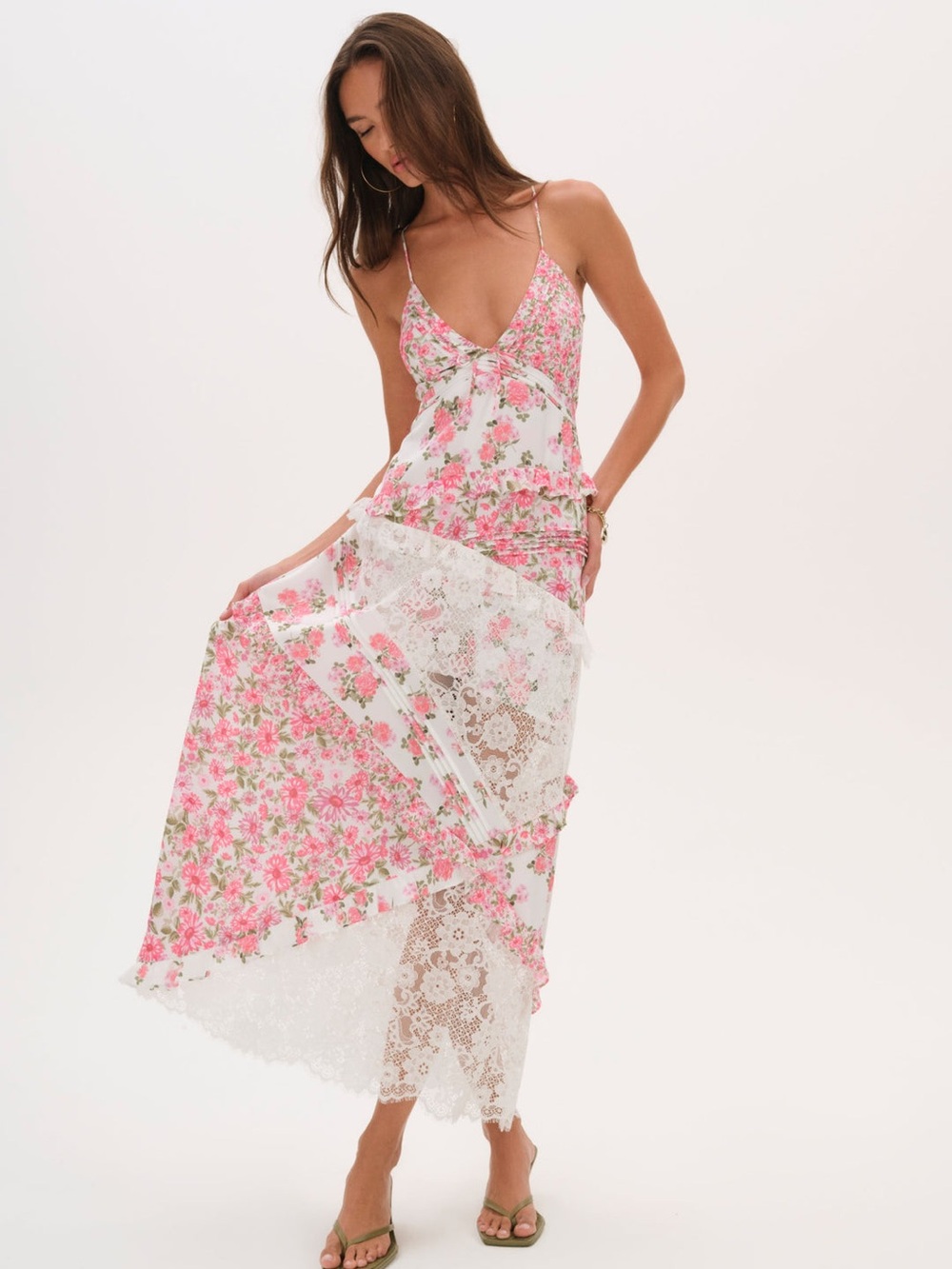 For Love & Lemons Roslyn Floral Lace Ruffle Maxi Strappy Dress Size Large NEW